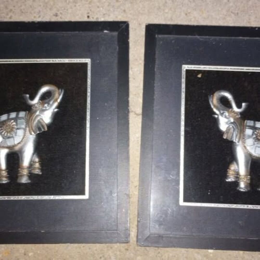2 Beautiful Silver and Gold Elephant Pictures inside Black Frame